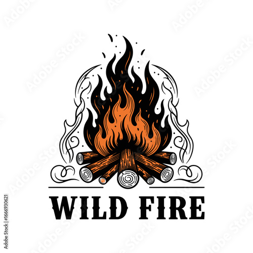 A striking logo design featuring a vibrant campfire with detailed flames and logs.