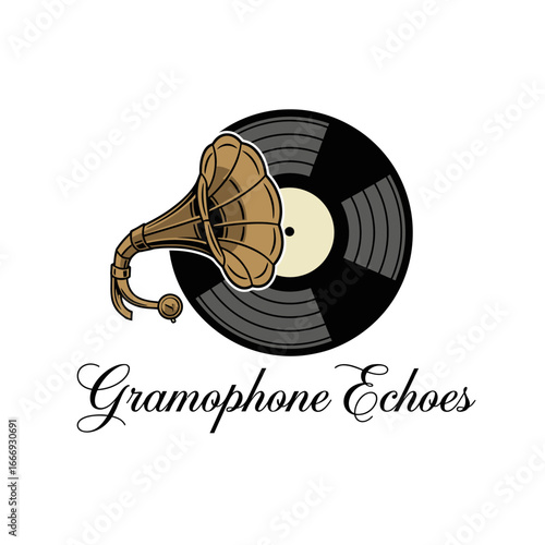 Vintage gramophone with vinyl record. Retro music design.