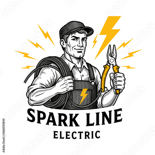 A vintage-style logo for an electrical company, featuring an electrician with tools.