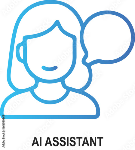 “AI Assistant Icon” – Gradient Blue Line Art of Human Silhouette with Speech Bubble and Bold Typography for Tech Branding, UI Assets, and Conversational Merch