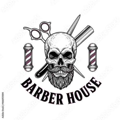A skull with a beard and mustache, barber tools, and a barbershop pole. Vintage style logo for a barber shop.
