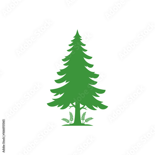 A simple green silhouette of an evergreen tree with small plants at its base.