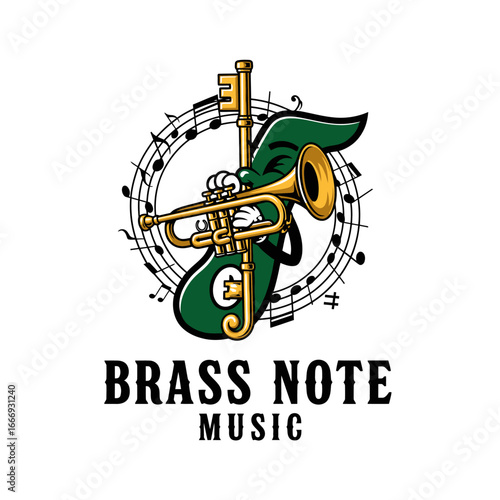 A fun logo for a music company. A green note plays a golden trumpet.