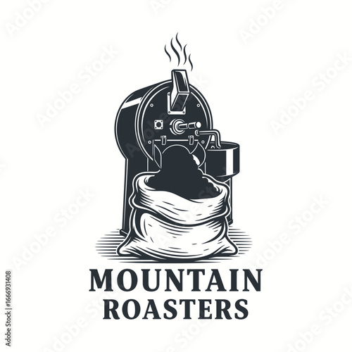 Vintage illustration of coffee beans roasting machine and sack.