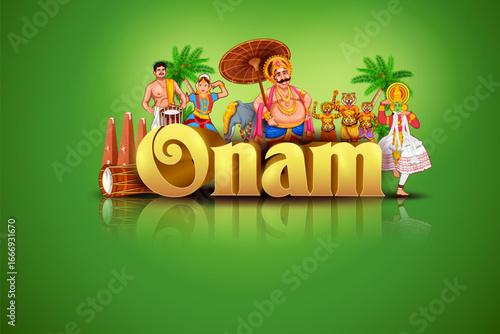 King Mahabali, Kathakali dancer in Onam traditional festival background showing the culture of Kerala, South India