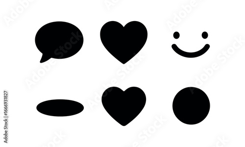 vector solid black filled icons warm heartedness (kind words): speech bubble heart icon smile line shadow smear highlight rim light dot.