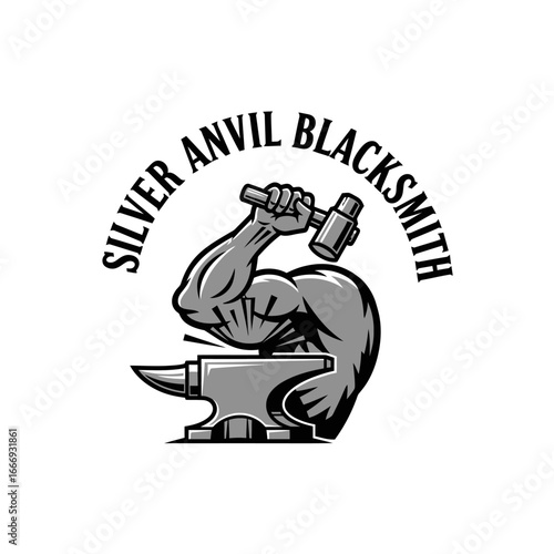 A powerful logo for a blacksmith, featuring a muscular arm striking an anvil with a hammer.