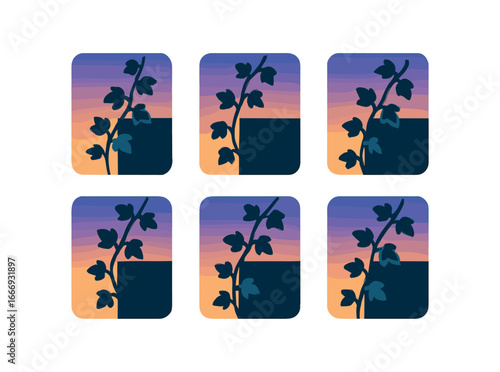 vector colorful filled icons ivy covered wall (dusk glow): sky gradient vine silhouette wall edge shadow light arc leaf hint.