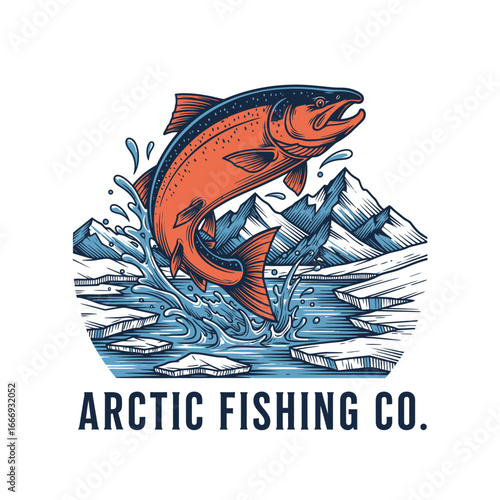 A leaping salmon against an arctic mountain backdrop.  Arctic Fishing Co. logo.