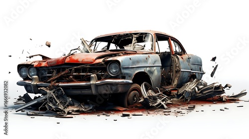 Demolished Vintage Vehicle: A classic car lies wrecked and broken, showcasing the raw power of destruction, the vehicle's remnants scattered around in a dramatic display of chaos. 