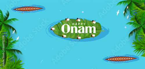 Sadya feast on banana leaf in celebration background for Happy Onam festival of South India Kerala