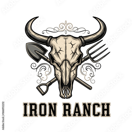 Iron Ranch logo featuring a bull skull, crossed shovel and pitchfork.