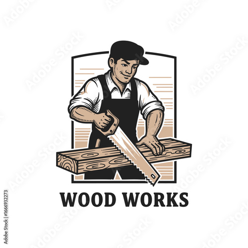 A skilled carpenter using a hand saw on a piece of wood.  Woodworks logo.