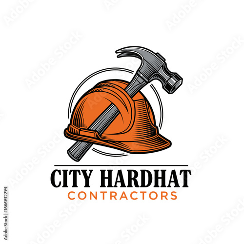 A logo for City Hardhat Contractors featuring a hammer and hardhat.