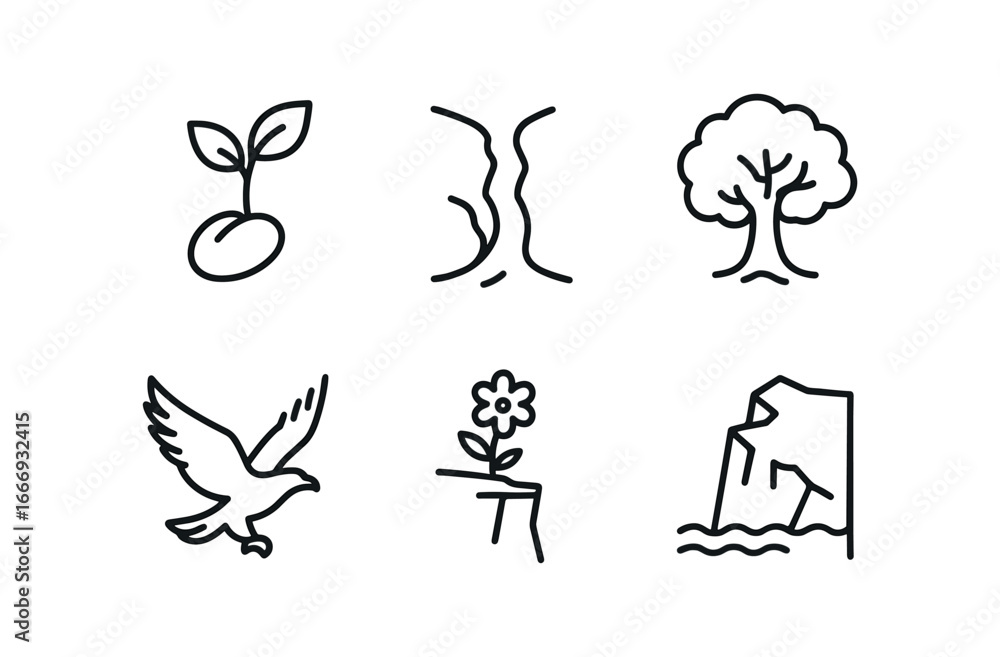 Naklejka premium vector outline icons tenacity (nature): sprouting seed river cutting rock strong oak eagle in flight cliff flower glacier edge.