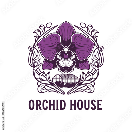 Elegant logo featuring a purple orchid and greenhouse.
