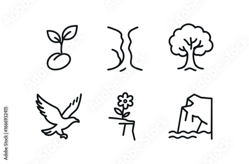 vector outline icons tenacity (nature): sprouting seed river cutting rock strong oak eagle in flight cliff flower glacier edge.
