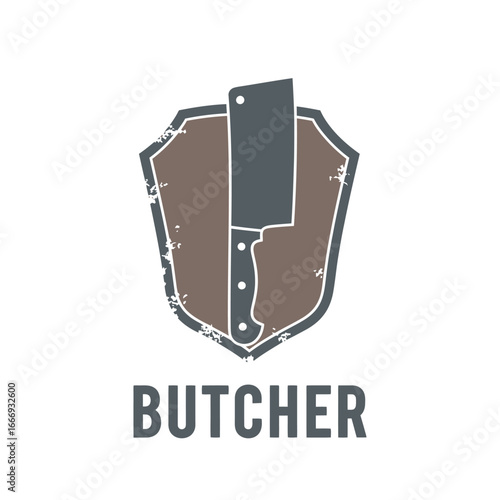 A vintage-style butcher shop logo featuring a cleaver on a shield.