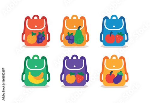 vector colorful filled icons grocery shopping bag (backpack style): backpack outline bag flap shoulder straps shadow smear fruit icons zipper line.
