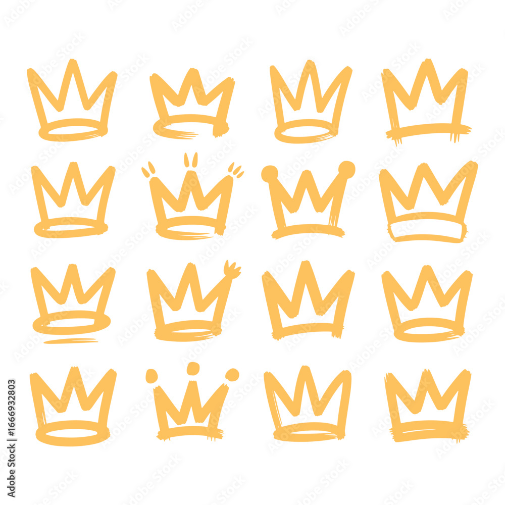 Fototapeta premium A collection of hand-drawn doodle crowns in a golden yellow color. A set of royal graffiti-style sketch art vector illustration