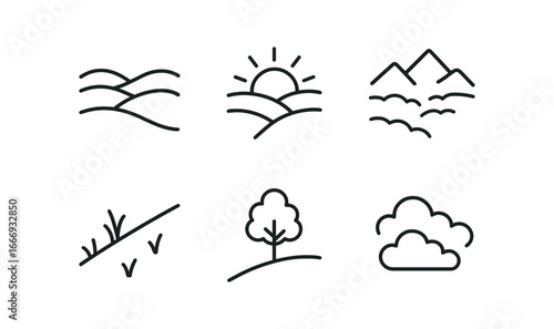 vector outline icons hilltop (sunrise view): rolling hills golden light mist in valley grassy slope lone tree soft clouds.