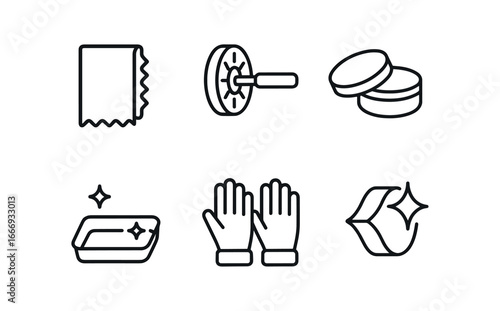 vector outline icons silversmith (finishing process): polishing cloth buffing wheel wax tin clean tray gloves final shine.