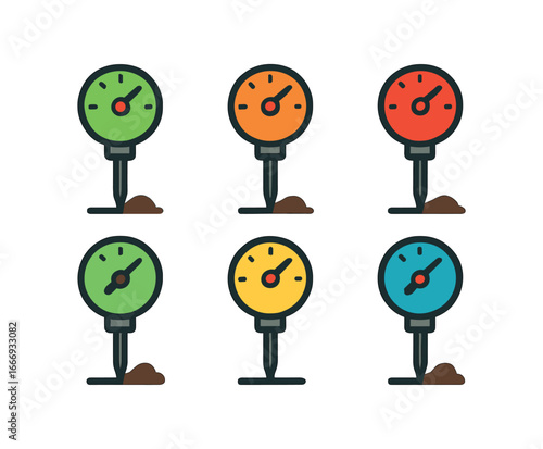 vector colorful filled icons compost thermometer (spike probe): metal spike dial head handle knob calibration mark shadow smear soil speck.