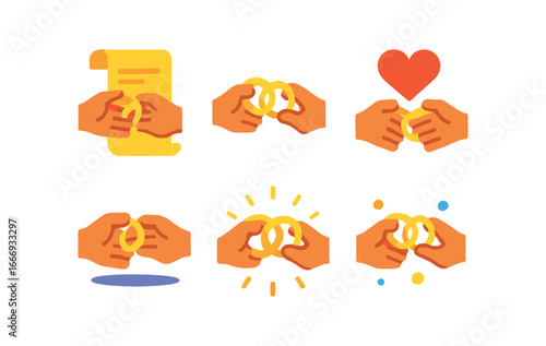 vector colorful filled icons exchanging rings (vow exchange): script scroll ring duo heart flourish shadow smear glow rim line dot.