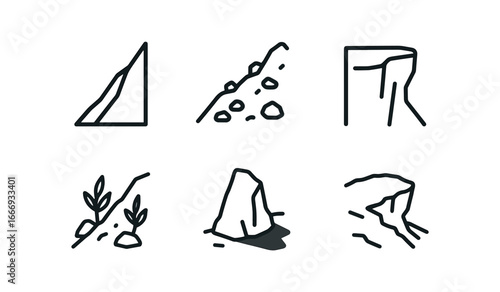 vector outline icons slope (rocky): sharp incline scattered stones cliff edge hardy plants shadows high view.