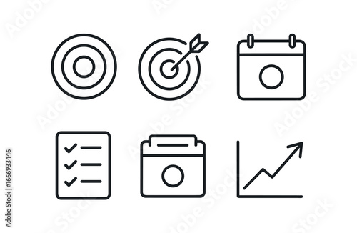 vector outline icons business goal setting (target board): bullseye icon arrow hit checklist calendar mark strategy flag growth line.