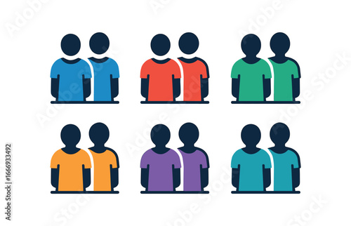 vector colorful filled icons matching outfits (silhouette pair): two figures matching shirts shadow neckline curve sleeve outline ground line.