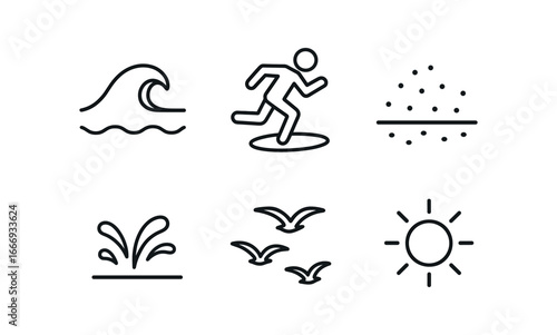 vector outline icons skimboarding (beach run): shallow wave skimboarder dash wet sand splash arc seagulls bright sun.