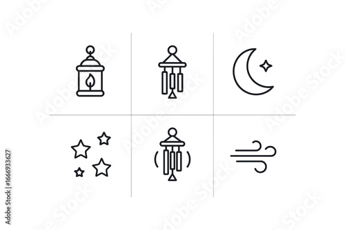 vector outline icons wind chime (night scene): glowing lanterns wind chime silhouette moonlight stars gentle sway cool air.