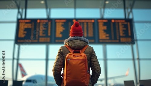 Traveler with orange backpack checks flight information display board at modern airport terminal. Person in red hat, warm jacket waits near large windows overlooking runway, plane outside. Seamless