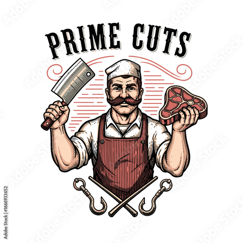 Vintage butcher shop logo featuring a strong butcher holding a cleaver and a prime cut of meat.