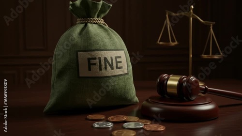 Legal justice concept with scales, gavel, and fine bag on a wooden table, court room theme