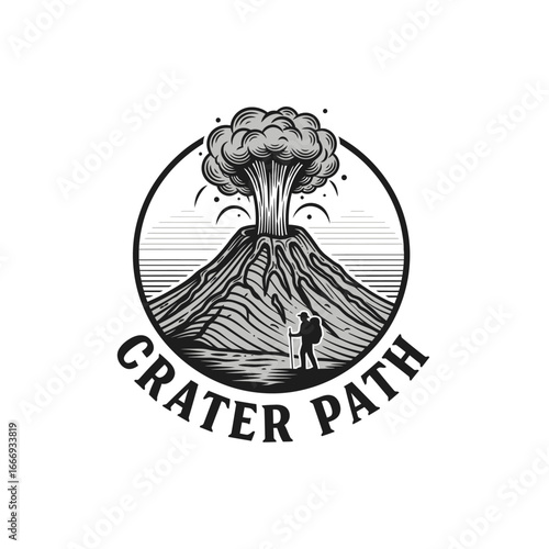 Volcano hiking adventure logo design.  A hiker silhouette near an erupting volcano.