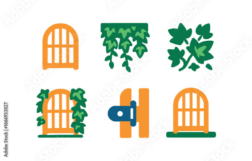 vector colorful filled icons ivy covered wall (garden gate): gate outline ivy fringe leaf tangle hinge detail shadow ground line.