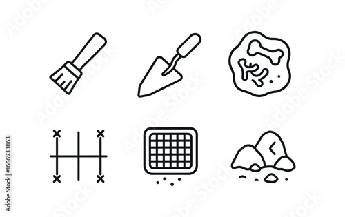 vector outline icons paleontologist (dig site): brush trowel fossil bones grid markers sifting screen rocky ground.