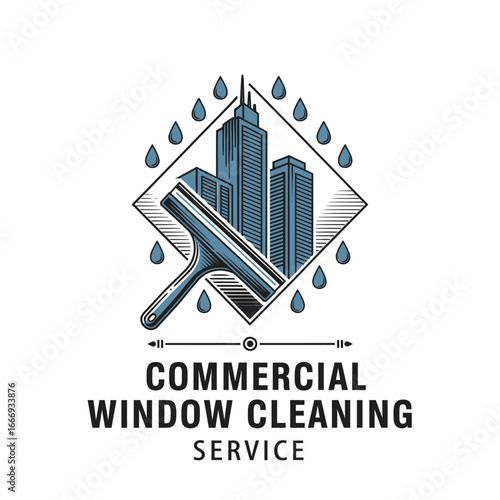 A logo for a commercial window cleaning service.  Features a squeegee and city buildings.