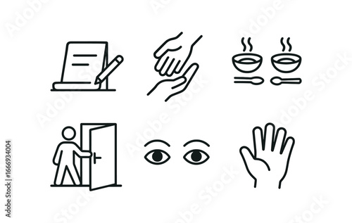 vector outline icons sincerity (daily life): note on desk helping hand shared meal door held open kind eyes wave.