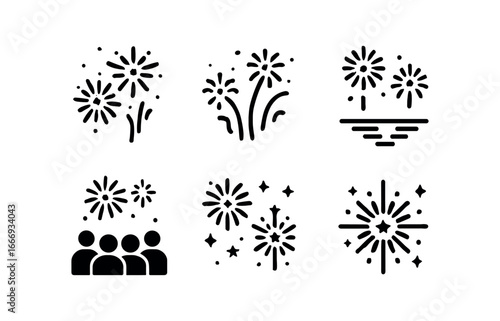 vector solid black filled icons seasonal night fair (fireworks): night sky bursts smoke trails reflections crowd watching vibrant colors celebration.