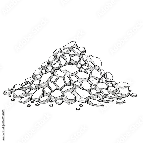 A simple and modern vector illustration features an outlined pile of irregularly shaped crushed stones, meticulously arranged with a clean, thin stroke style.