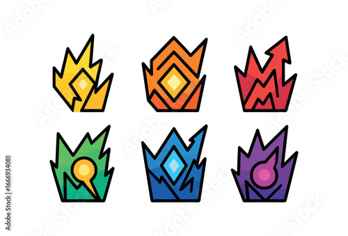 vector outline icons tenacity (abstract): jagged lines bold colors sharp angles glowing center upward motion layered shapes.