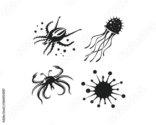 This image features four distinct, stylized, black-and-white illustrations of aquatic creatures