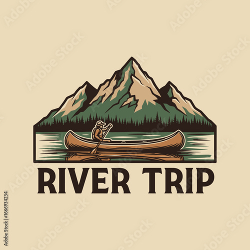 A man canoes on a serene river, majestic mountains reflecting in the water. A perfect summer adventure.