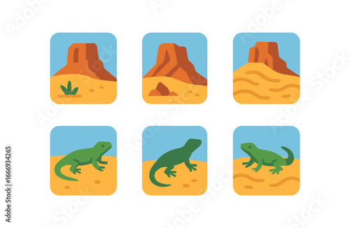 vector colorful flat filled icons butte (desert): sand sparse plants rocky slopes lizards heat shimmer blue sky.