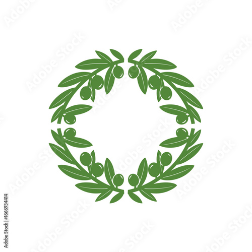 Circular olive branch wreath, green leaves and olives.  Symbol of peace and prosperity.
