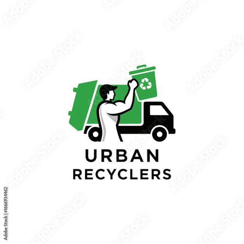 A powerful logo depicting a strong man lifting a recycling bin onto a garbage truck, symbolizing urban recycling efforts.