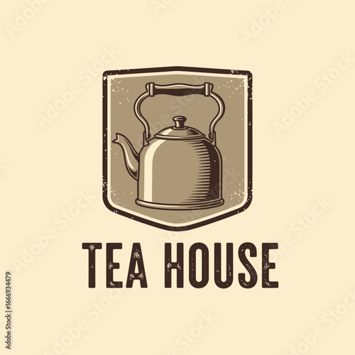 A vintage-style logo for a tea house, featuring a detailed illustration of a tea kettle within a shield shape.